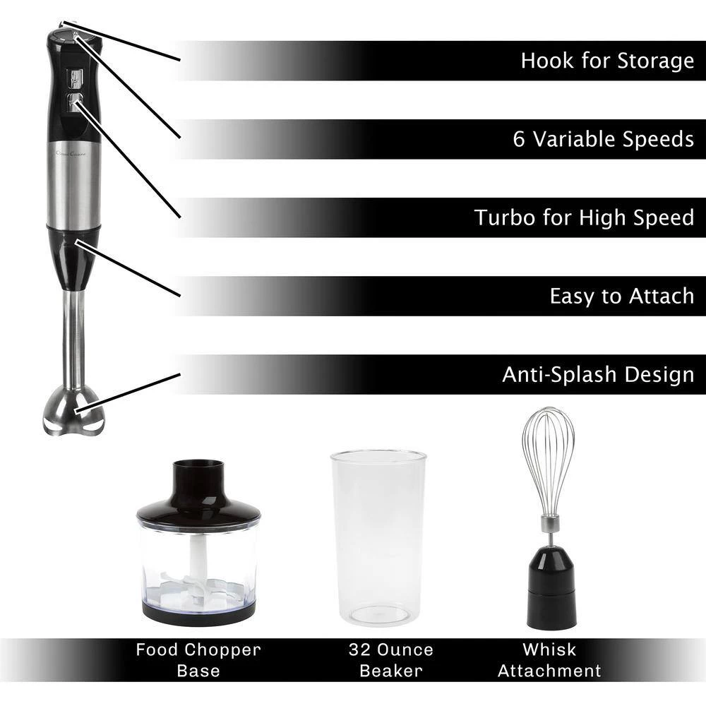 Classic Cuisine 6-Speed 4-in-1 Black Immersion Blender with Chopper and Whisk Attachment 10 Classic Cuisine 6-Speed 4-in-1 Black Immersion Blender with Chopper and Whisk Attachment - Image 8