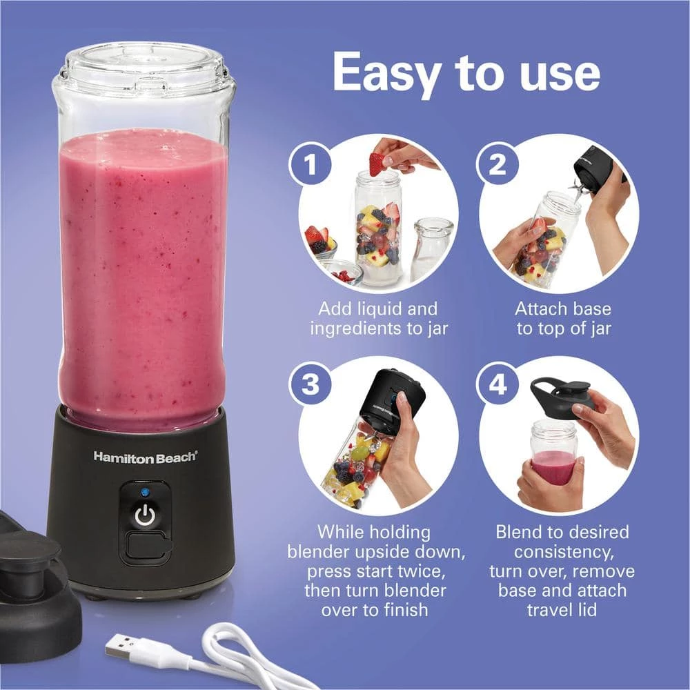 Hamilton Beach Blend Now 16 oz. Single Speed Black Cordless Portable Blender with Travel Lid 11 Hamilton Beach Blend Now 16 oz. Single Speed Black Cordless Portable Blender with Travel Lid - Image 9