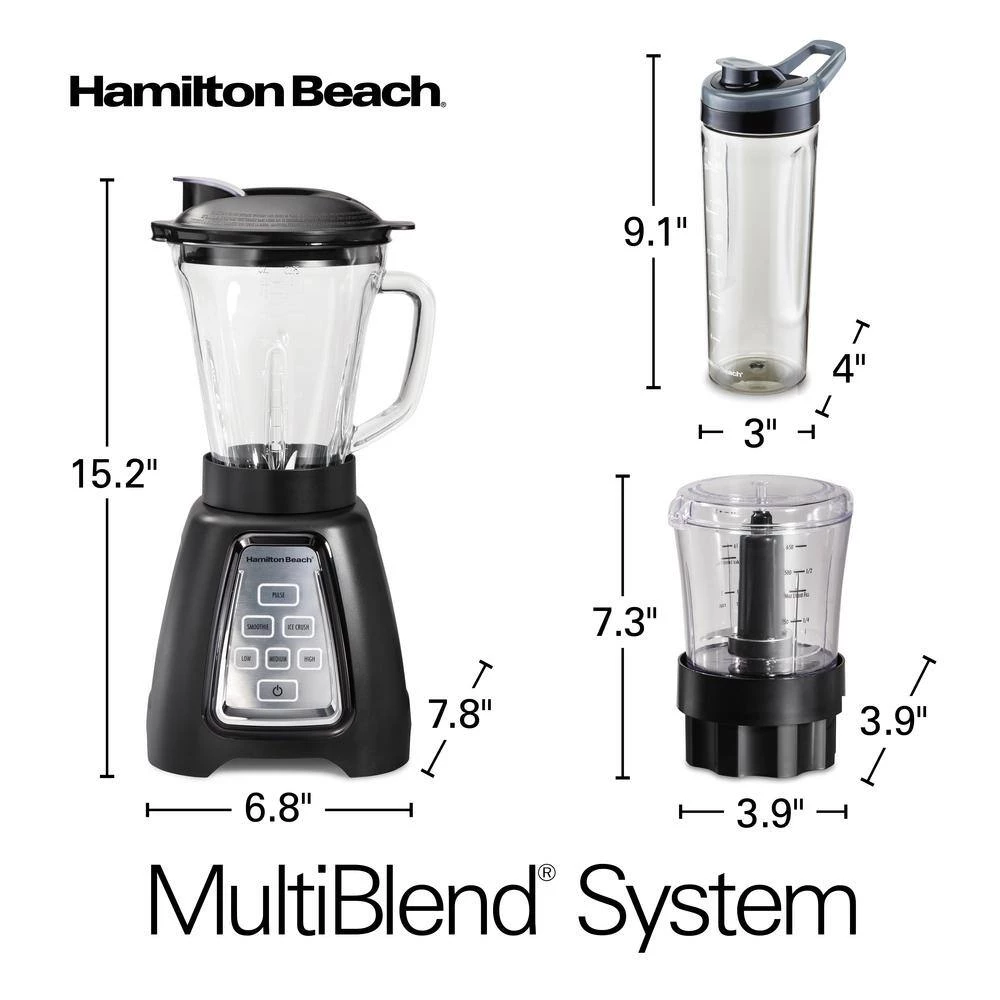 Hamilton Beach Multiblend 52 oz. 6-Speed Black Countertop Blender with Glass Jar and Travel Jar and Food Chopper 4 Hamilton Beach Multiblend 52 oz. 6-Speed Black Countertop Blender with Glass Jar and Travel Jar and Food Chopper - Image 2