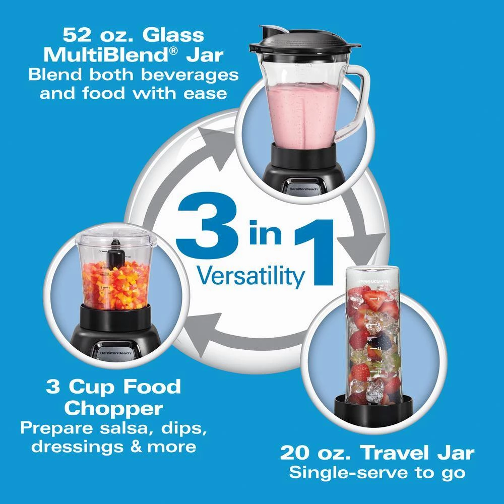 Hamilton Beach Multiblend 52 oz. 6-Speed Black Countertop Blender with Glass Jar and Travel Jar and Food Chopper 7 Hamilton Beach Multiblend 52 oz. 6-Speed Black Countertop Blender with Glass Jar and Travel Jar and Food Chopper - Image 5