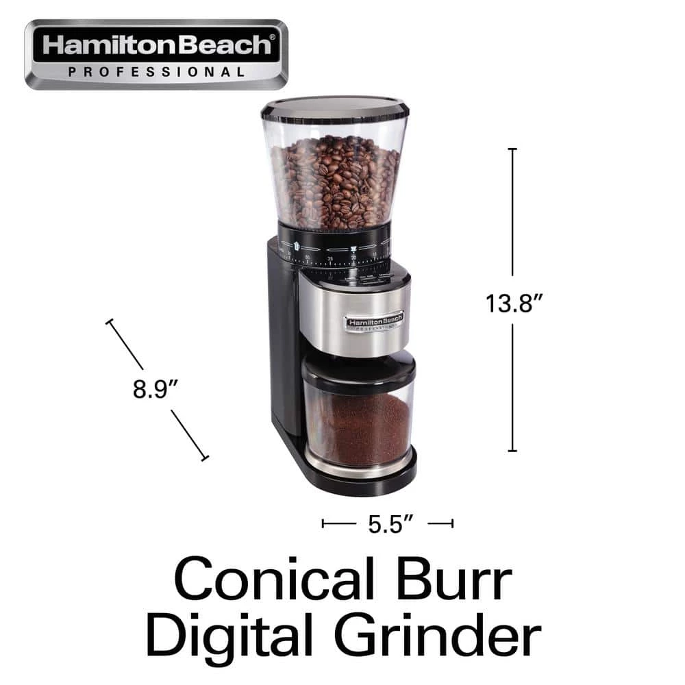 HAMILTON BEACH PROFESSIONAL 4 oz. Black and Stainless Steel Conical Burr Coffee Grinder with Digital Display 4 HAMILTON BEACH PROFESSIONAL 4 oz. Black and Stainless Steel Conical Burr Coffee Grinder with Digital Display - Image 2
