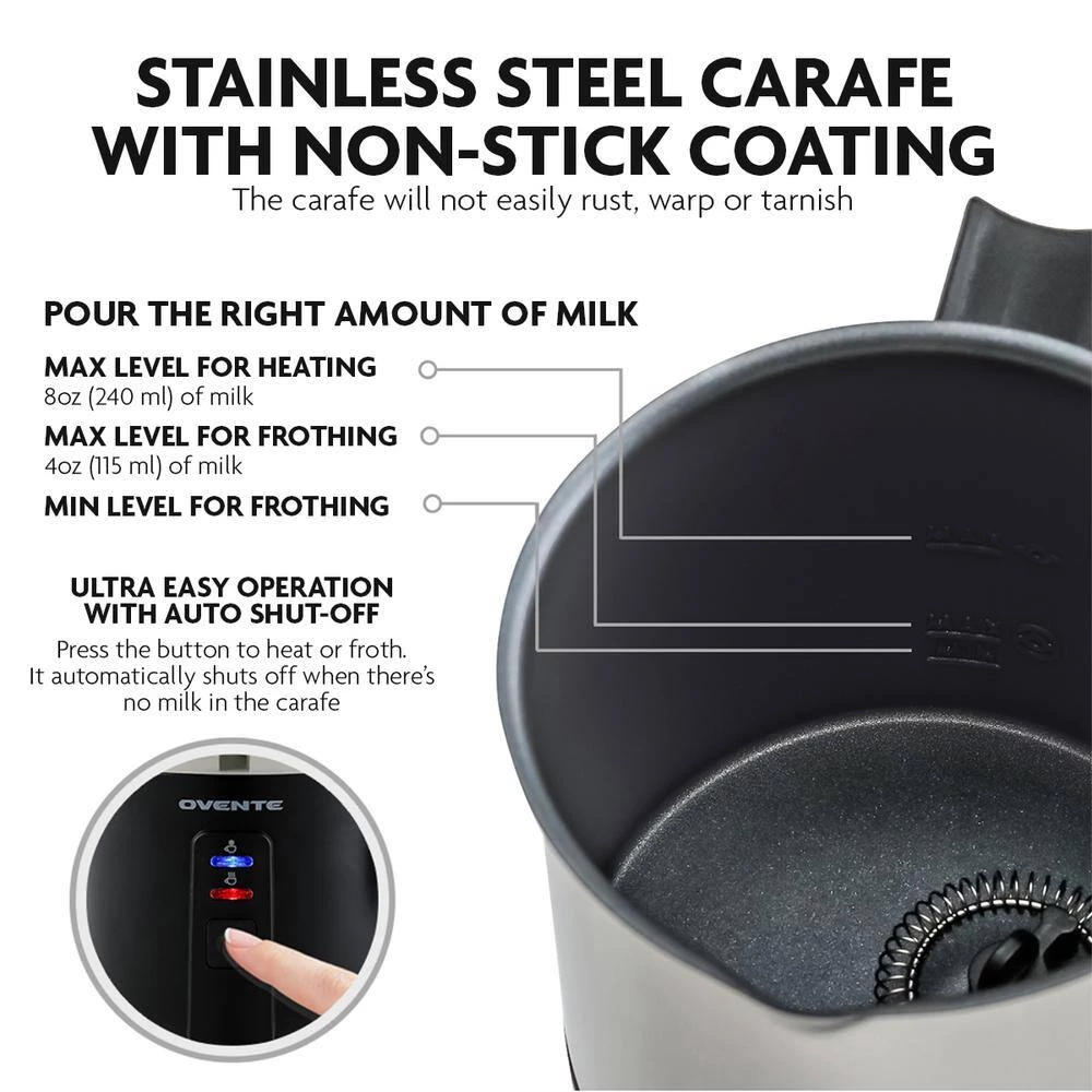 OVENTE 8.1 oz. Black Stainless Steel Electric Milk Frother 3 in 1-Warming, Heating and Frothing, See Through Lid 5 OVENTE 8.1 oz. Black Stainless Steel Electric Milk Frother 3 in 1-Warming, Heating and Frothing, See Through Lid - Image 3