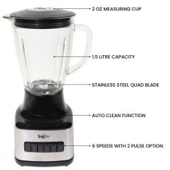 Total Chef 6-Speed Countertop Blender, 6 Cup (1.5L) Glass Jar, 2 Pulse Options, 500W Black Silver -Air Fryers shop black silver total chef countertop blenders tcb15 fa 1000