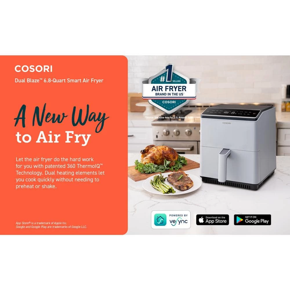 Cosori Dual Blaze Smart 6.8 qt. Gray Air Fryer with Bonus Skewer Rack Set, Multi-Purpose Rack, Heat Mat 5 Cosori Dual Blaze Smart 6.8 qt. Gray Air Fryer with Bonus Skewer Rack Set, Multi-Purpose Rack, Heat Mat - Image 3