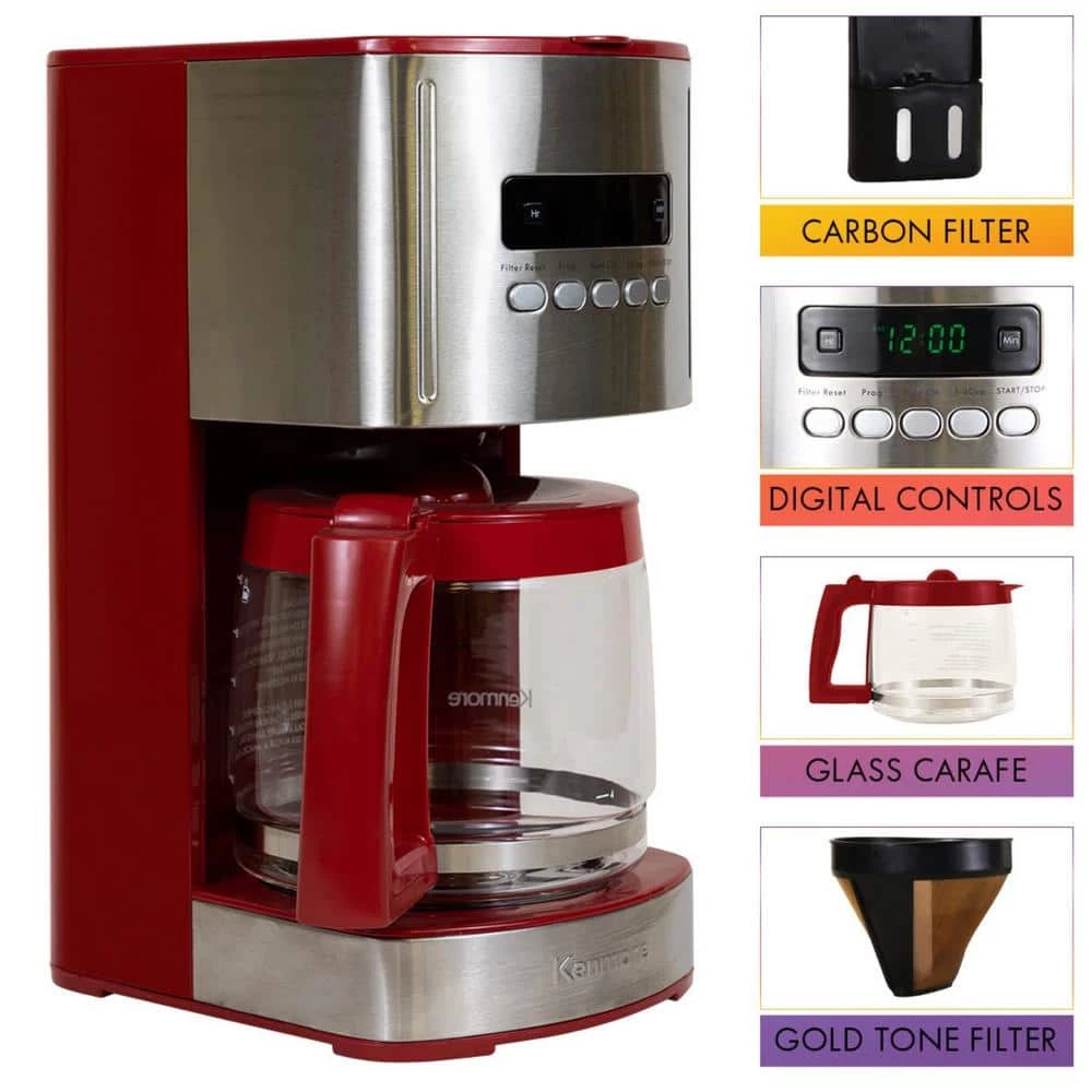 Kenmore Aroma Control 12-Cup Programmable Coffee Maker, Red and Stainless Steel, Reusable Filter 7 Kenmore Aroma Control 12-Cup Programmable Coffee Maker, Red and Stainless Steel, Reusable Filter - Image 5