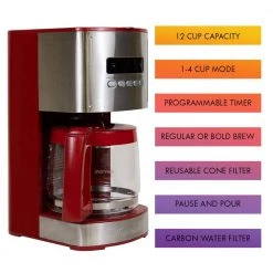 Kenmore Aroma Control 12-Cup Programmable Coffee Maker, Red and Stainless Steel, Reusable Filter 12 Kenmore Aroma Control 12-Cup Programmable Coffee Maker, Red and Stainless Steel, Reusable Filter -Air Fryers shop red kenmore drip coffee makers kkcm12red 4f 1000