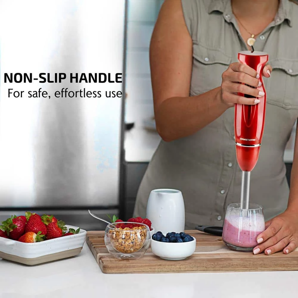 OVENTE Immersion Blender, Stainless Steel Blades, 300W Multipurpose Hand Mixer, 2-Speed Settings, Red (HS560R) 9 OVENTE Immersion Blender, Stainless Steel Blades, 300W Multipurpose Hand Mixer, 2-Speed Settings, Red (HS560R) - Image 7