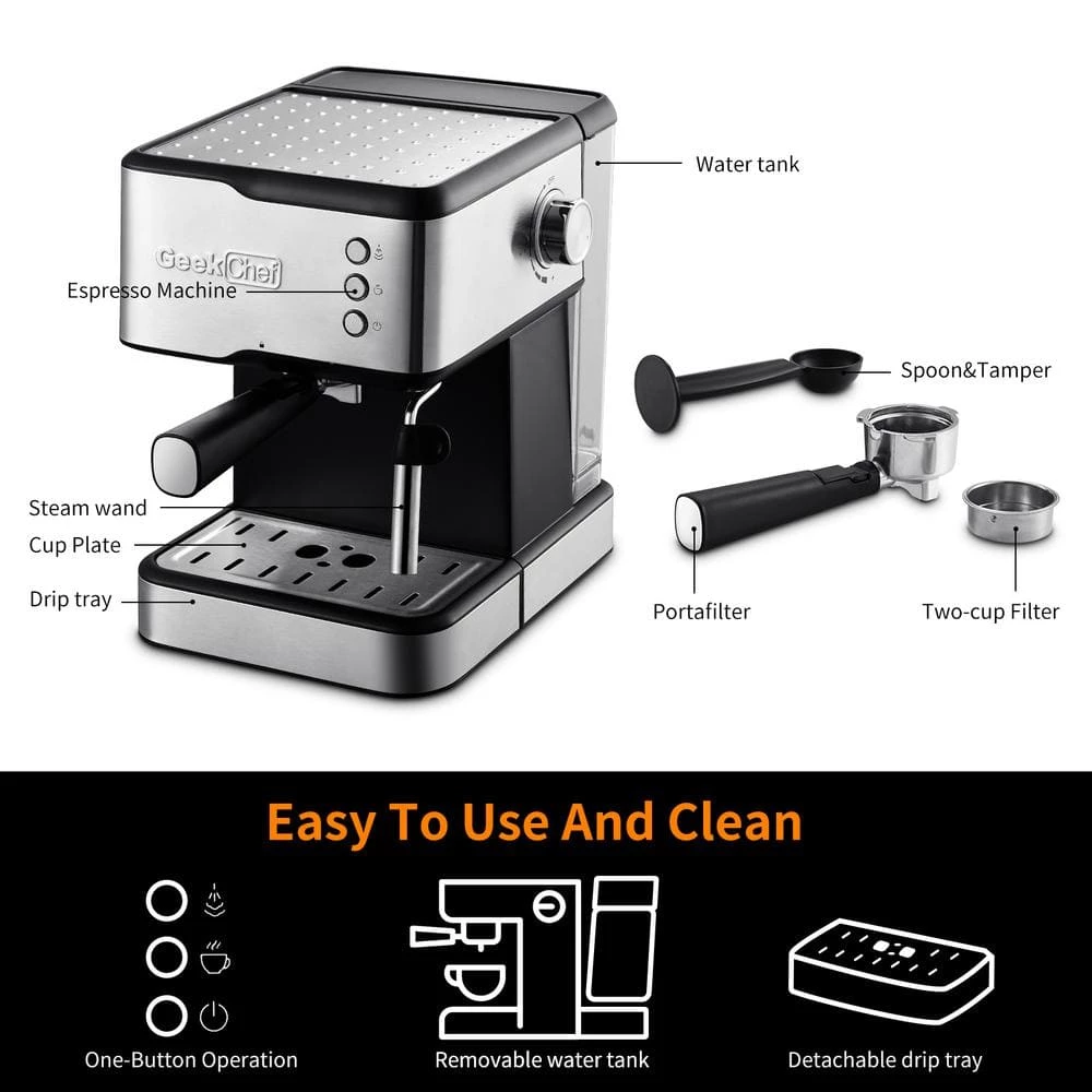 Cadeninc 2-Cup 20-Bar Espresso Machine with Detachable Frothing Nozzle and Detachable Transparent Water Tank Coffee Maker 6 Cadeninc 2-Cup 20-Bar Espresso Machine with Detachable Frothing Nozzle and Detachable Transparent Water Tank Coffee Maker - Image 4