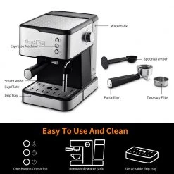 Boyel Living 2 Cup Stainless Steel Espresso Machine Coffee Maker with Milk Frother Steam Wand and 1.5L Water Tank for Home Barista 23 Boyel Living 2 Cup Stainless Steel Espresso Machine Coffee Maker with Milk Frother Steam Wand and 1.5L Water Tank for Home Barista -Air Fryers shop stainless steel boyel living espresso machines bl gcf20c 1f 1000