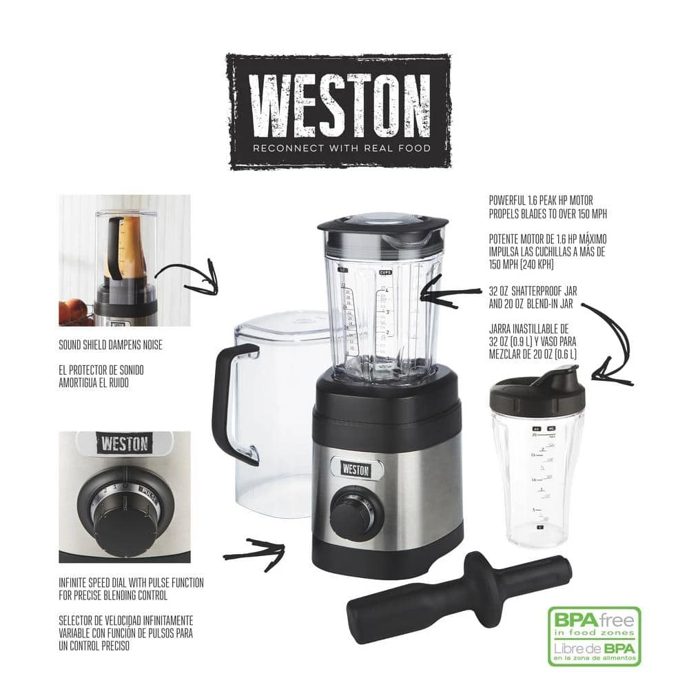 Weston Pro Series 32 oz. 11-speed with Sound Shield and 20 oz. Travel Jar Stainless Steel Blender 4 Weston Pro Series 32 oz. 11-speed with Sound Shield and 20 oz. Travel Jar Stainless Steel Blender - Image 2